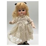 Antique Porcelain Doll with Lace Dress and Stand - Marked 40 / 8