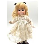 Antique Porcelain Doll with Lace Dress and Stand - Marked 40 / 8