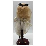 Antique Porcelain Doll with Lace Dress and Stand - Marked 40 / 8