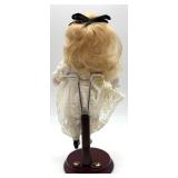 Antique Porcelain Doll with Lace Dress and Stand - Marked 40 / 8