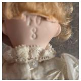Antique Porcelain Doll with Lace Dress and Stand - Marked 40 / 8