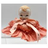 Pair of Vintage Porcelain Doll Head Pincushions with Pink Ribbon Dresses