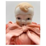 Pair of Vintage Porcelain Doll Head Pincushions with Pink Ribbon Dresses