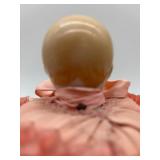 Pair of Vintage Porcelain Doll Head Pincushions with Pink Ribbon Dresses