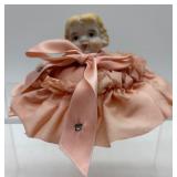 Pair of Vintage Porcelain Doll Head Pincushions with Pink Ribbon Dresses