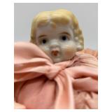 Pair of Vintage Porcelain Doll Head Pincushions with Pink Ribbon Dresses
