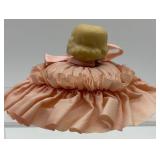 Pair of Vintage Porcelain Doll Head Pincushions with Pink Ribbon Dresses