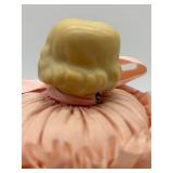 Pair of Vintage Porcelain Doll Head Pincushions with Pink Ribbon Dresses