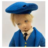 Vintage Felt Boy Doll with Blue Cap and Coat