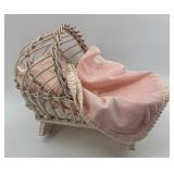 Vintage Wicker Doll Baby Cradle with Pink Bedding