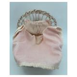 Vintage Wicker Doll Baby Cradle with Pink Bedding