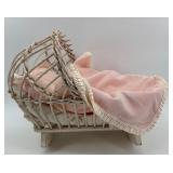 Vintage Wicker Doll Baby Cradle with Pink Bedding