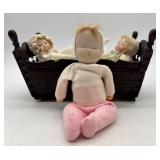 Vintage Wooden Baby Cradle with Two Porcelain Bye Lo Bisque Dolls and One Made in Japan Cloth Doll