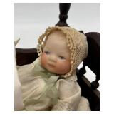 Vintage Wooden Baby Cradle with Two Porcelain Bye Lo Bisque Dolls and One Made in Japan Cloth Doll