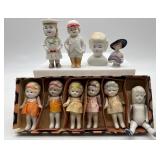 Collection of Antique German Bisque Doll Figurines including Dionne Quintuplets and Half Doll