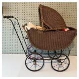 Vintage Wicker Doll Carriage with Patchwork Blanket and Pillow