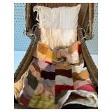 Vintage Wicker Doll Carriage with Patchwork Blanket and Pillow