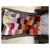 Vintage Wicker Doll Carriage with Patchwork Blanket and Pillow