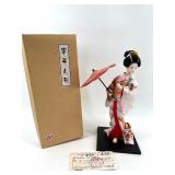 Vintage Japanese Geisha Doll with Red Kimono and Parasol