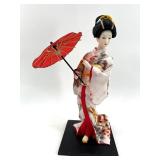 Vintage Japanese Geisha Doll with Red Kimono and Parasol