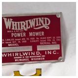 Whirlwind Power Mower New Unused VIN Plates, Factory Perfect(2) & Funks Hybrid Corn Seed Advertising