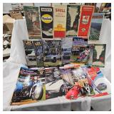 Box of LMC Truck Parts Catalogs & Antique Antique Motorcycle Magazines along with Early MN Maps