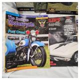 Box of LMC Truck Parts Catalogs & Antique Antique Motorcycle Magazines along with Early MN Maps