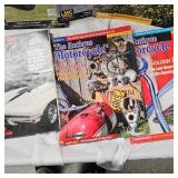 Box of LMC Truck Parts Catalogs & Antique Antique Motorcycle Magazines along with Early MN Maps