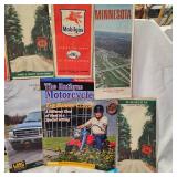 Box of LMC Truck Parts Catalogs & Antique Antique Motorcycle Magazines along with Early MN Maps