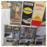 Box of LMC Truck Parts Catalogs & Antique Antique Motorcycle Magazines along with Early MN Maps