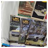 Box of LMC Truck Parts Catalogs & Antique Antique Motorcycle Magazines along with Early MN Maps
