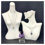 Vintage Stauer Tanzanite and Opal Sterling Necklace, Sterling Silver Tanzanite Necklace & Pair of Purple Rhinestone Dazzling Earrings