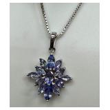 Vintage Stauer Tanzanite and Opal Sterling Necklace, Sterling Silver Tanzanite Necklace & Pair of Purple Rhinestone Dazzling Earrings