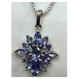 Vintage Stauer Tanzanite and Opal Sterling Necklace, Sterling Silver Tanzanite Necklace & Pair of Purple Rhinestone Dazzling Earrings