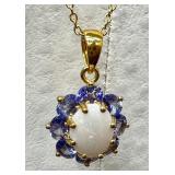 Vintage Stauer Tanzanite and Opal Sterling Necklace, Sterling Silver Tanzanite Necklace & Pair of Purple Rhinestone Dazzling Earrings