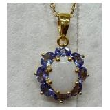 Vintage Stauer Tanzanite and Opal Sterling Necklace, Sterling Silver Tanzanite Necklace & Pair of Purple Rhinestone Dazzling Earrings