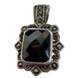 Sterling Silver Faceted Onyx Marcasite Pendant