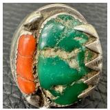 Vintage Sterling Turquoise and Coral Ring