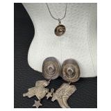 Vintage Sterling Silver Sombrero Hat Necklace and Vintage Sterling Silver Cowboy Clip Dangle Earrings