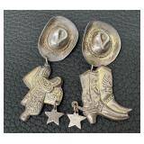 Vintage Sterling Silver Sombrero Hat Necklace and Vintage Sterling Silver Cowboy Clip Dangle Earrings