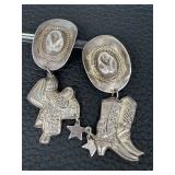Vintage Sterling Silver Sombrero Hat Necklace and Vintage Sterling Silver Cowboy Clip Dangle Earrings