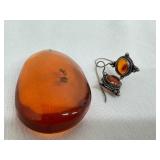Large Amber Bead and Pair of Sterling and Amber Earrings