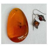 Large Amber Bead and Pair of Sterling and Amber Earrings