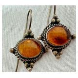 Large Amber Bead and Pair of Sterling and Amber Earrings