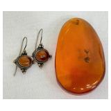 Large Amber Bead and Pair of Sterling and Amber Earrings