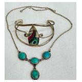 Vintage Turquoise and Sterling Silver Necklace and Vintage Mexico Sterling Bracelet