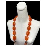 Vintage Hand Knotted Carnelian Agate Beaded Necklace with Silver Clasp
