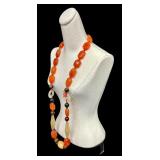 Vintage Hand Knotted Carnelian Agate Beaded Necklace with Silver Clasp