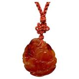 Vintage Heavily Carved Stone Pendant on Braided Cord