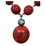 Vintage Chinese Cinnabar Beaded Necklace & Chinese Porcelain Pendant Tassel Necklace